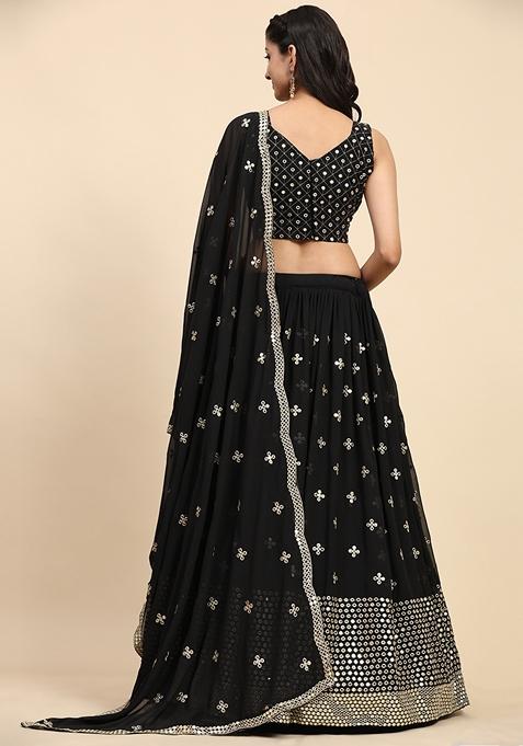 Black Sequin Embroidered Faux Georgette Lehenga Set