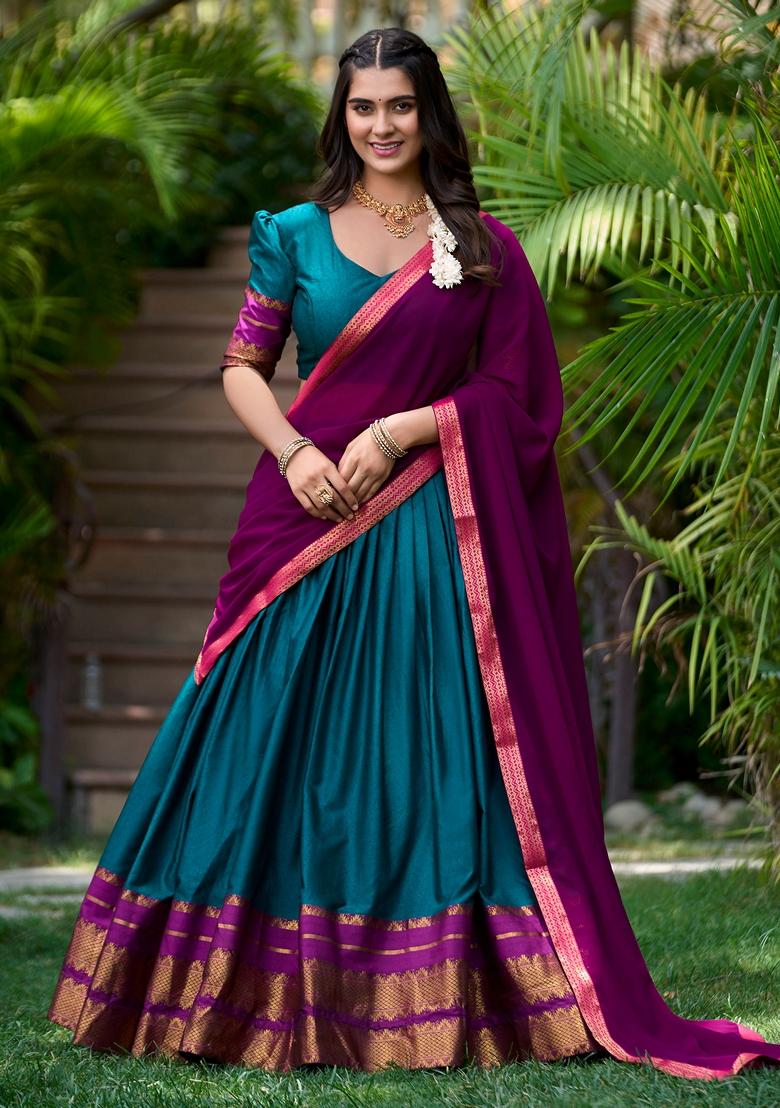 Teal Printed Cotton Zari Weaving Work Lehenga Set