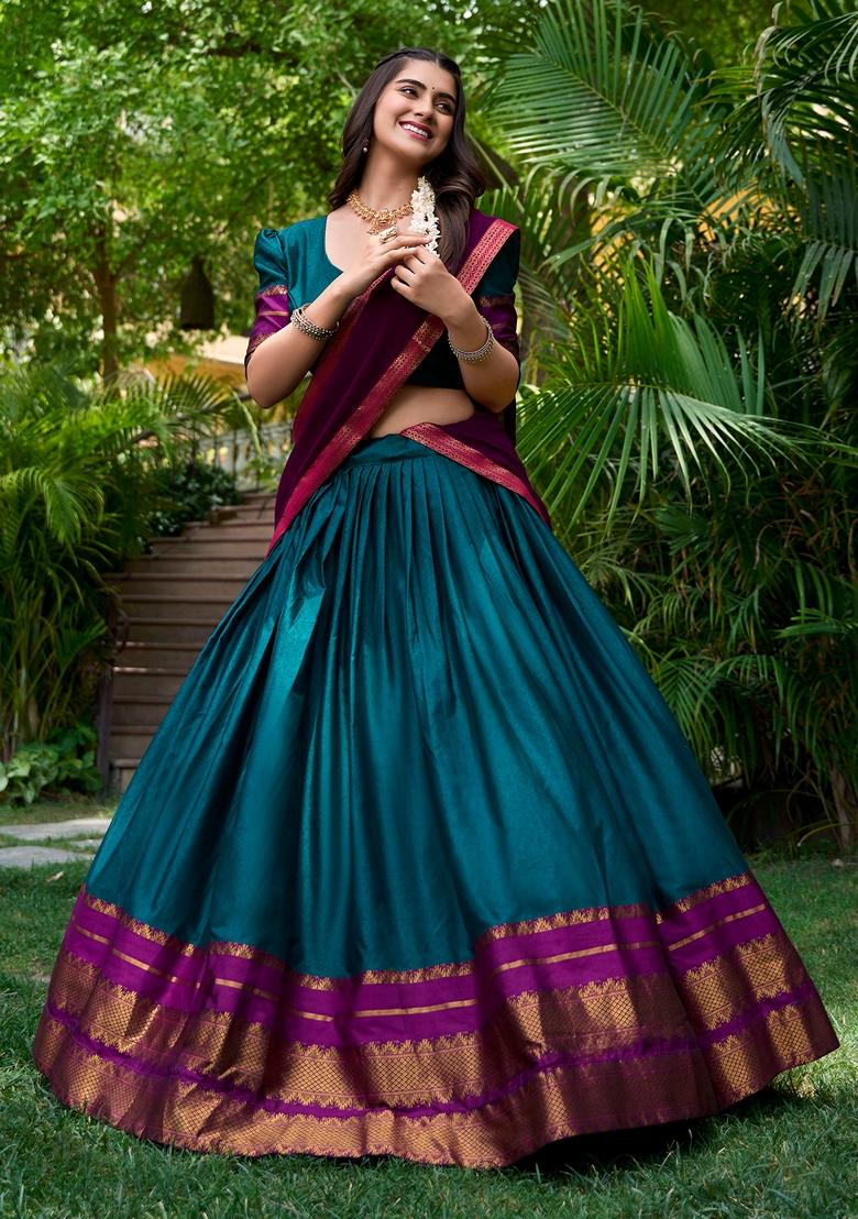Teal Printed Cotton Zari Weaving Work Lehenga Set