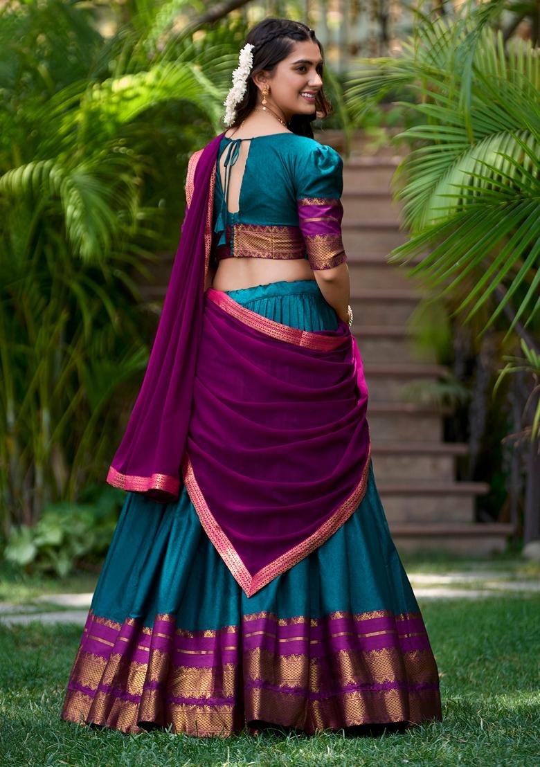 Teal Printed Cotton Zari Weaving Work Lehenga Set