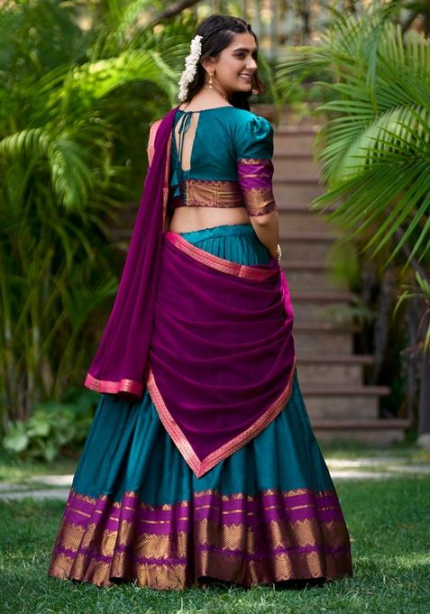 Teal Printed Cotton Zari Weaving Work Lehenga Set