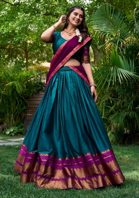 Teal Printed Cotton Zari Weaving Work Lehenga Set