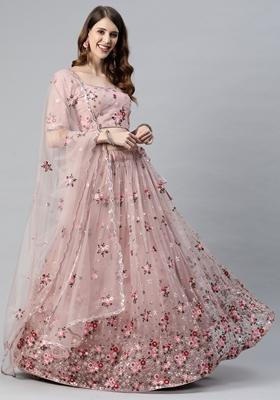 Dusty Pink Sequin Embroidered Soft Net Lehenga Set