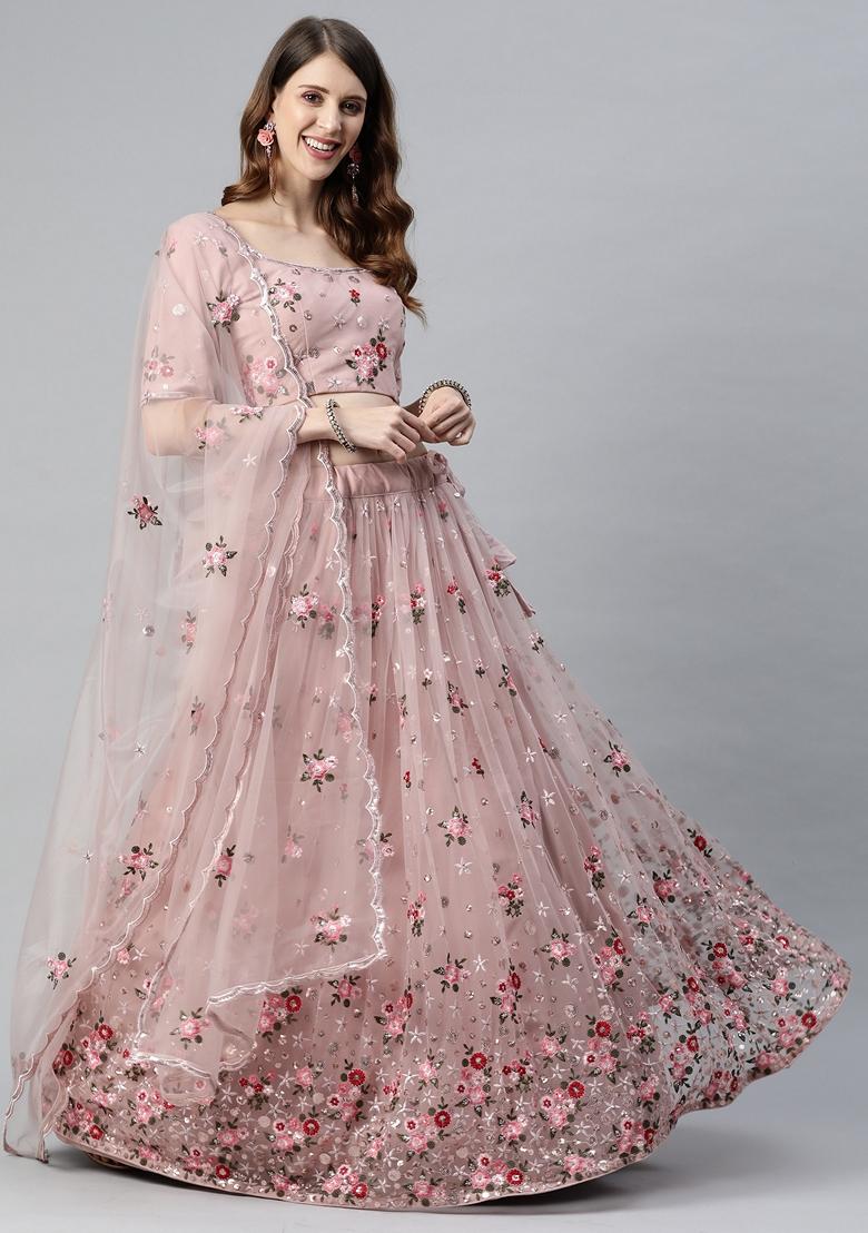 Dusty Pink Sequin Embroidered Soft Net Lehenga Set