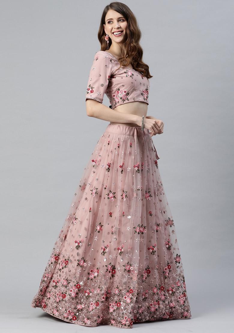 Dusty Pink Sequin Embroidered Soft Net Lehenga Set