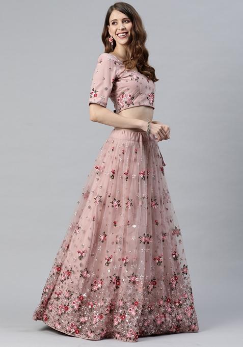 Dusty Pink Sequin Embroidered Soft Net Lehenga Set