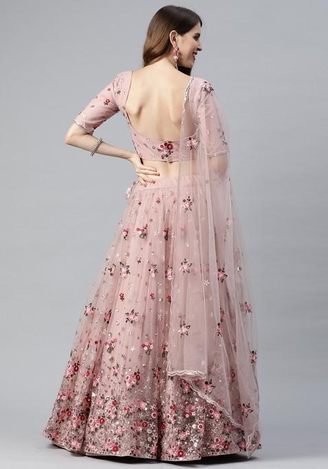 Dusty Pink Sequin Embroidered Soft Net Lehenga Set