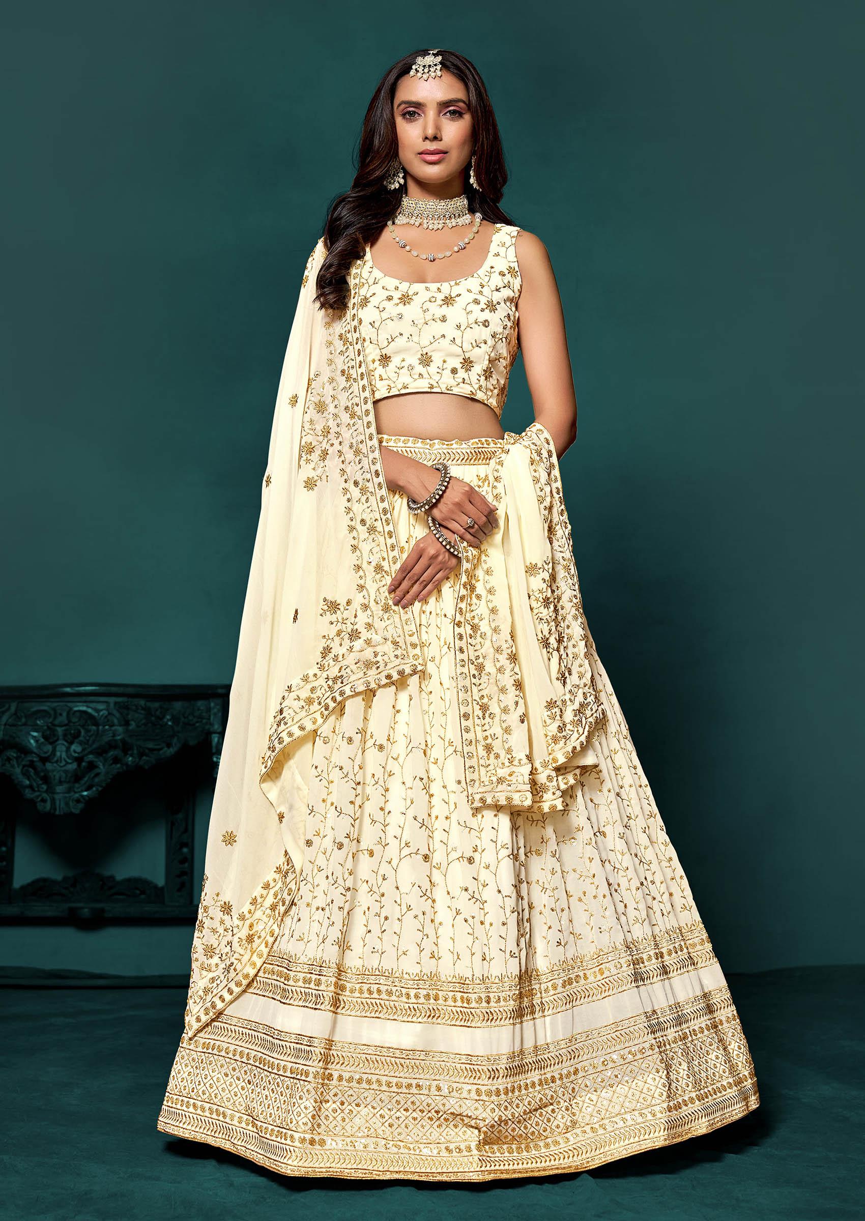 White Zari Sequin Embroidered Georgette Lehenga Set