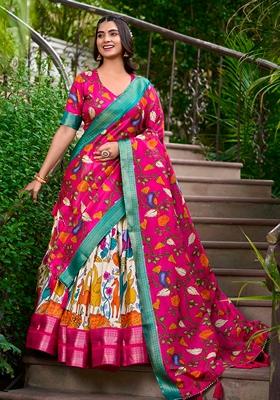 White Zari Weaving Kalamkari Print Lehenga Set