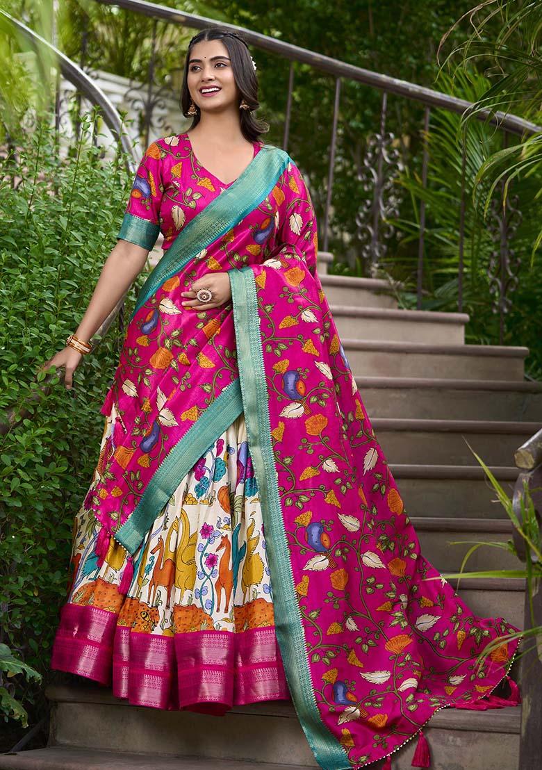 White Zari Weaving Kalamkari Print Lehenga Set - Indya