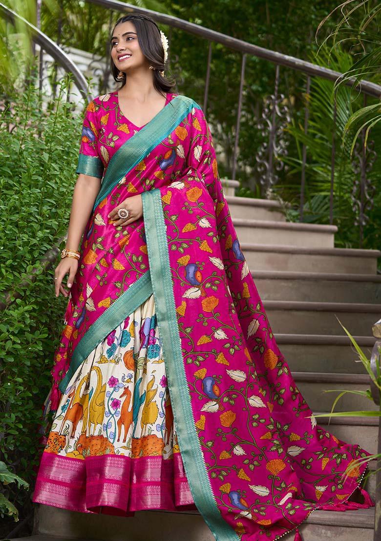 White Zari Weaving Kalamkari Print Lehenga Set - Indya