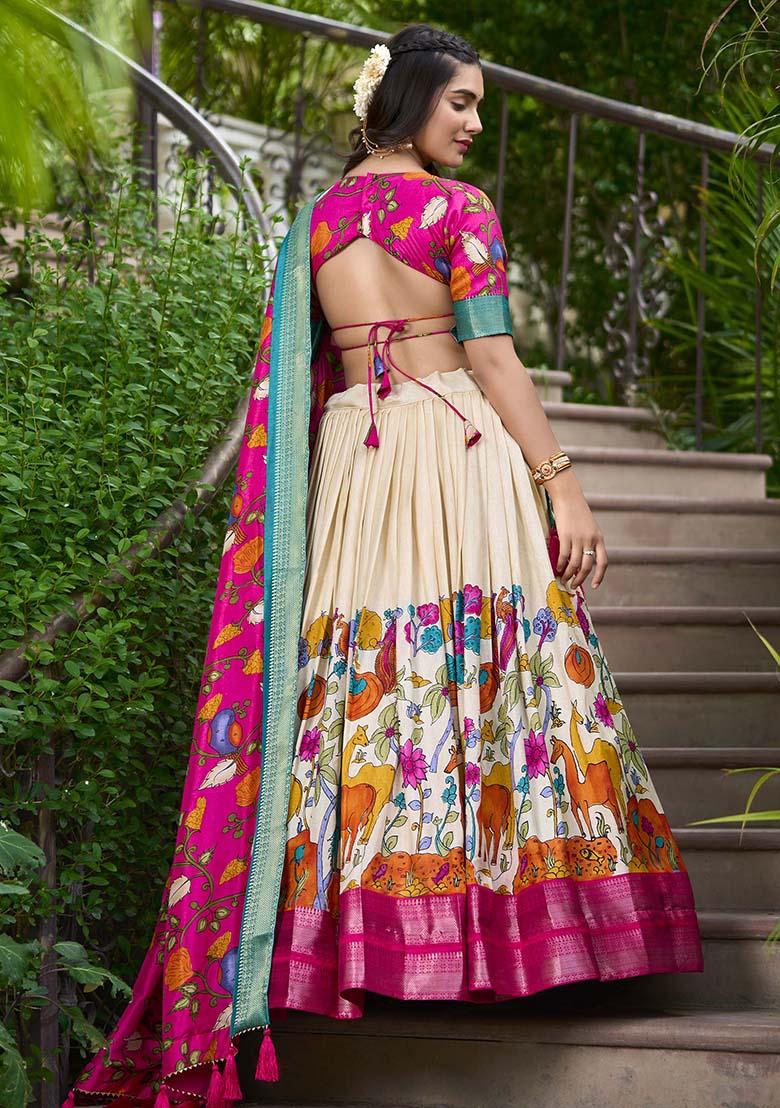 White Zari Weaving Kalamkari Print Lehenga Set - Indya