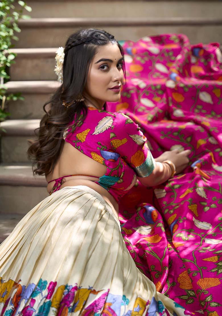 White Zari Weaving Kalamkari Print Lehenga Set - Indya