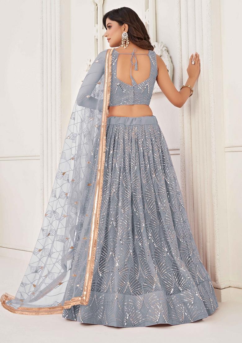 Light Grey Thread Sequin Embroidered Net Lehenga Set