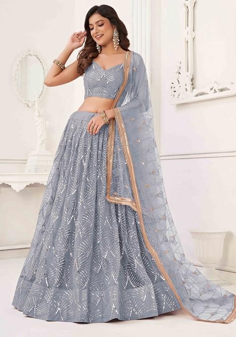 Light Grey Thread Sequin Embroidered Net Lehenga Set