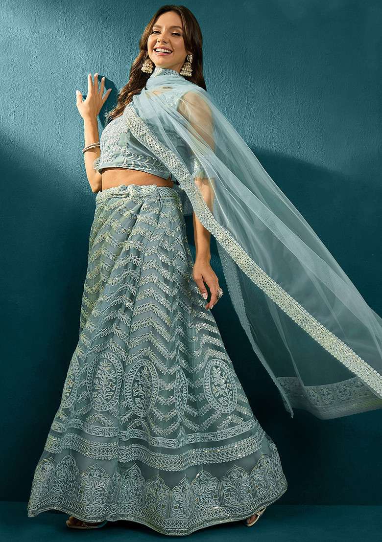 Sky Blue Sequin Embellished Net Lehenga Set - Indya