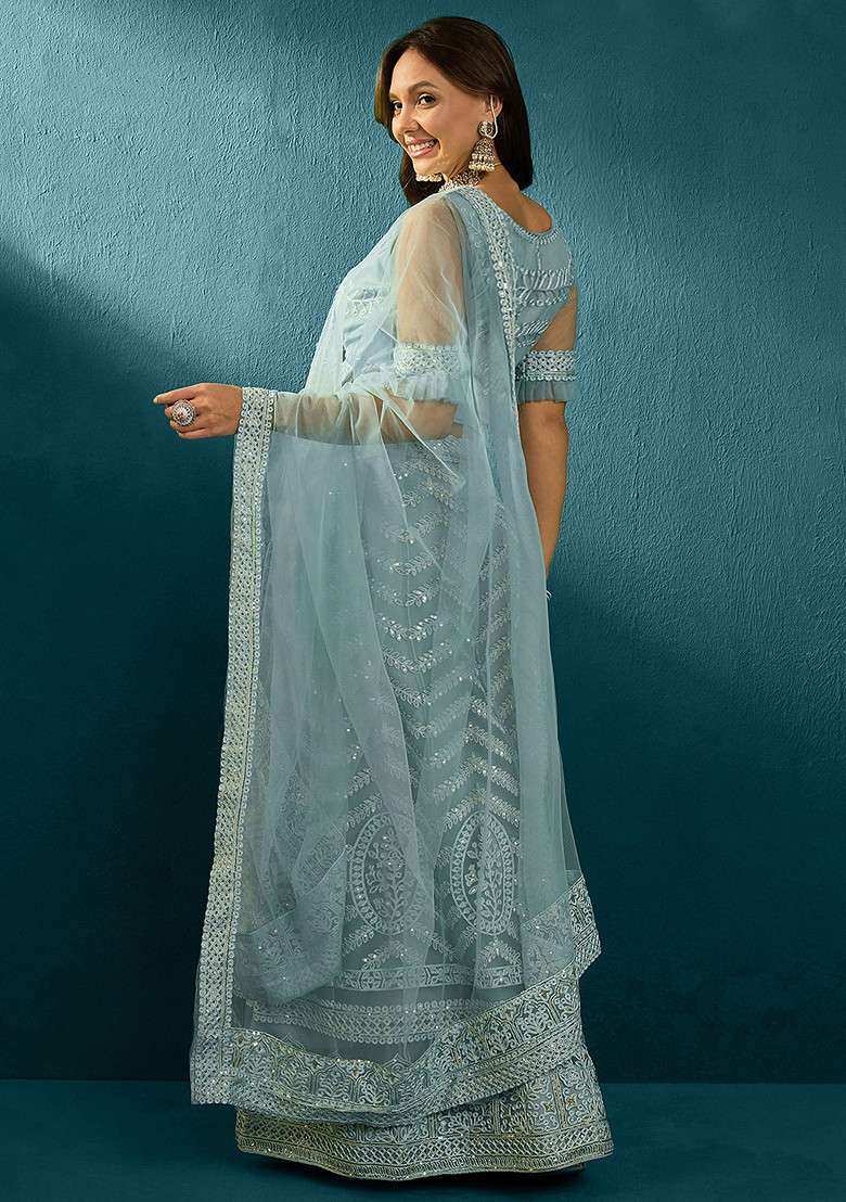 Sky Blue Sequin Embellished Net Lehenga Set - Indya