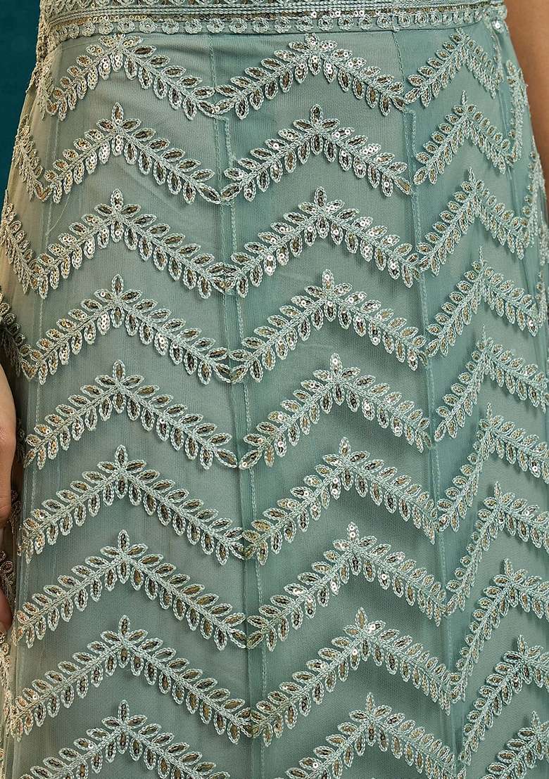 Sky Blue Sequin Embellished Net Lehenga Set - Indya