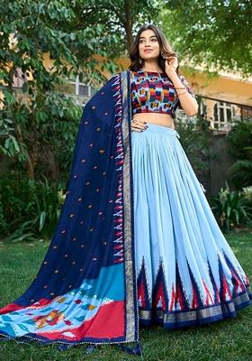Sky Blue Foil Print Tussar Silk Lehenga Set