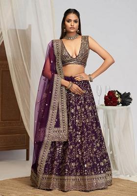 Wine Zari Sequin Embroidered Georgette Lehenga Set