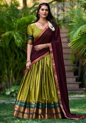 Olive Green Printed Cotton Zari Weaving Work Lehenga Set