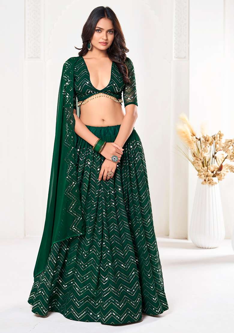 Green Sequin Embroidered Georgette Lehenga Set - Indya