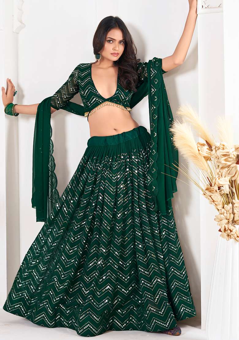 Green Sequin Embroidered Georgette Lehenga Set - Indya