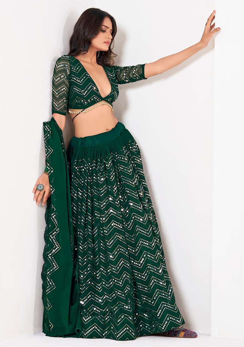 Green Sequin Embroidered Georgette Lehenga Set - Indya