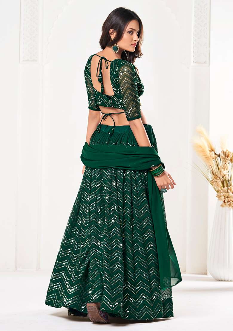 Green Sequin Embroidered Georgette Lehenga Set - Indya