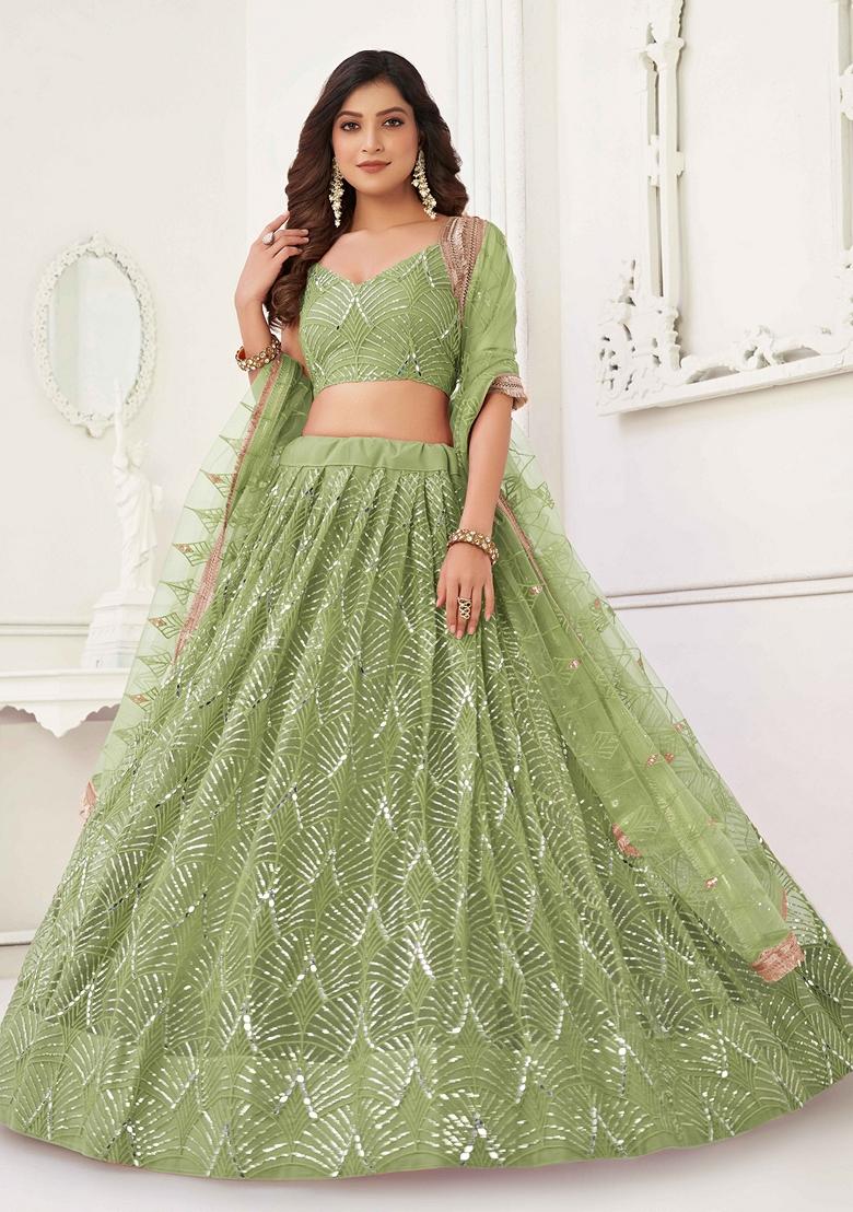 Pista Green Thread Sequin Embroidered Net Lehenga