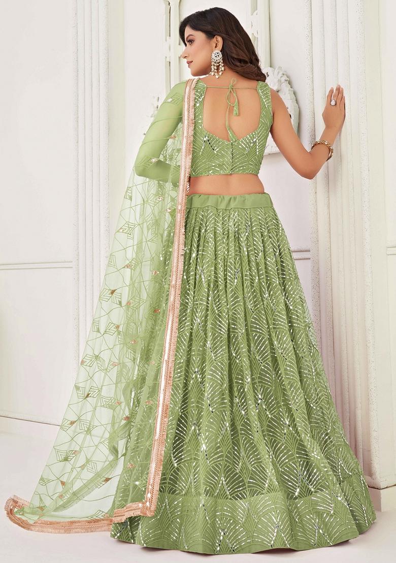 Pista Green Thread Sequin Embroidered Net Lehenga