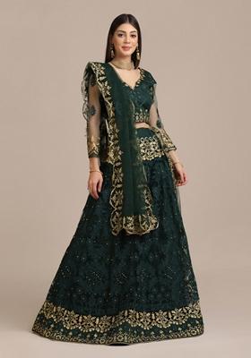 Green Diamond Embroidered Heavy Net Lehenga Set