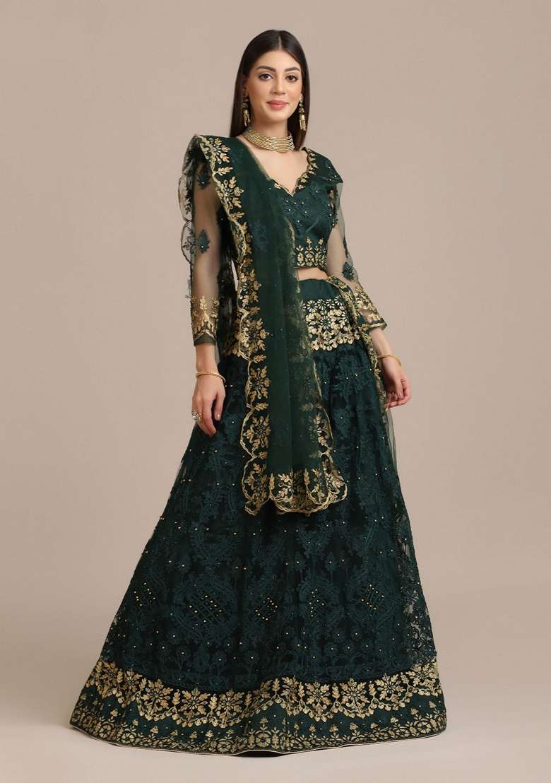 Green Diamond Embroidered Heavy Net Lehenga Set - Indya