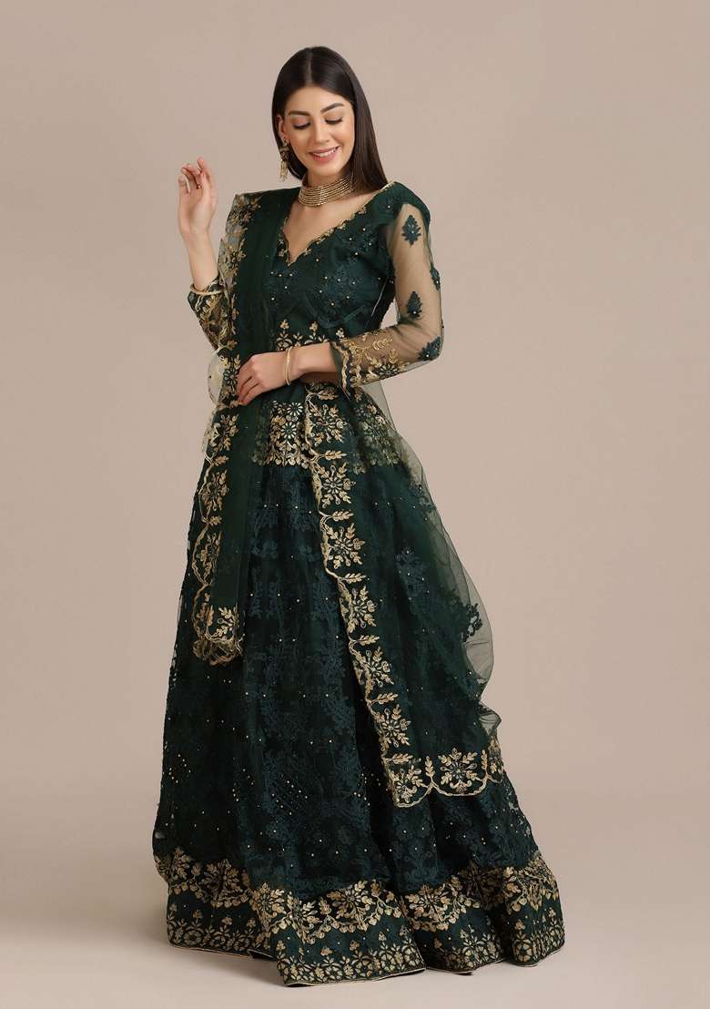 Green Diamond Embroidered Heavy Net Lehenga Set - Indya