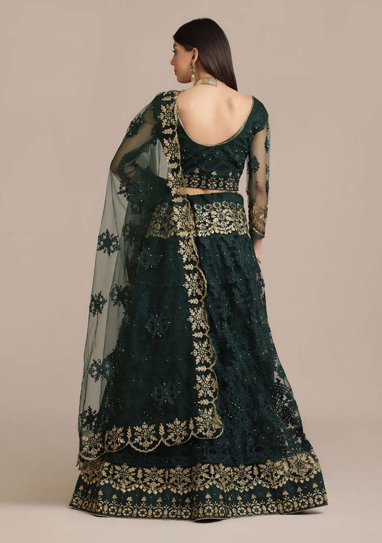 Green Diamond Embroidered Heavy Net Lehenga Set - Indya
