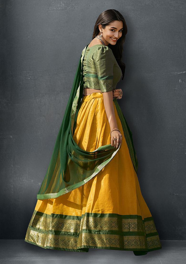 Yellow Kanchipuram Silk Zari Woven Lehenga Set