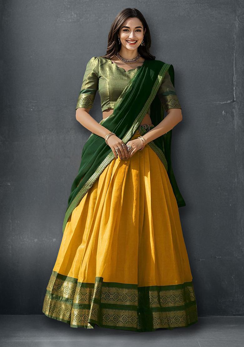 Yellow Kanchipuram Silk Zari Woven Lehenga Set