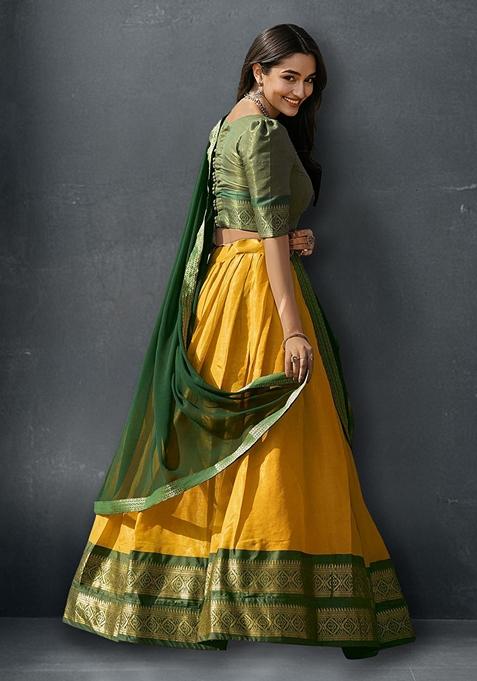 Yellow Kanchipuram Silk Zari Woven Lehenga Set