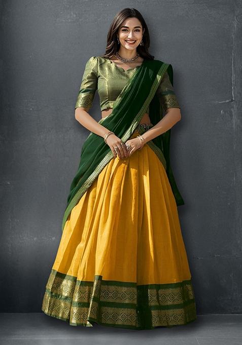 Yellow Kanchipuram Silk Zari Woven Lehenga Set