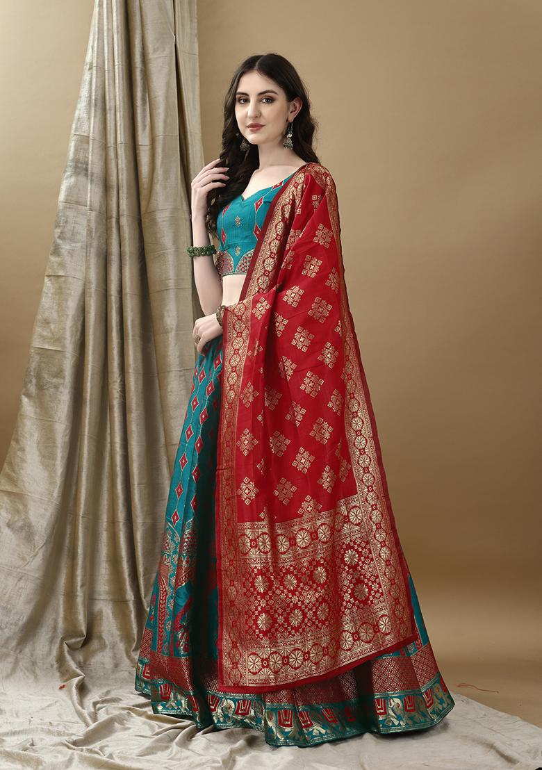 Rama Blue Embroidered Soft Silk Jacquard Lehenga Set