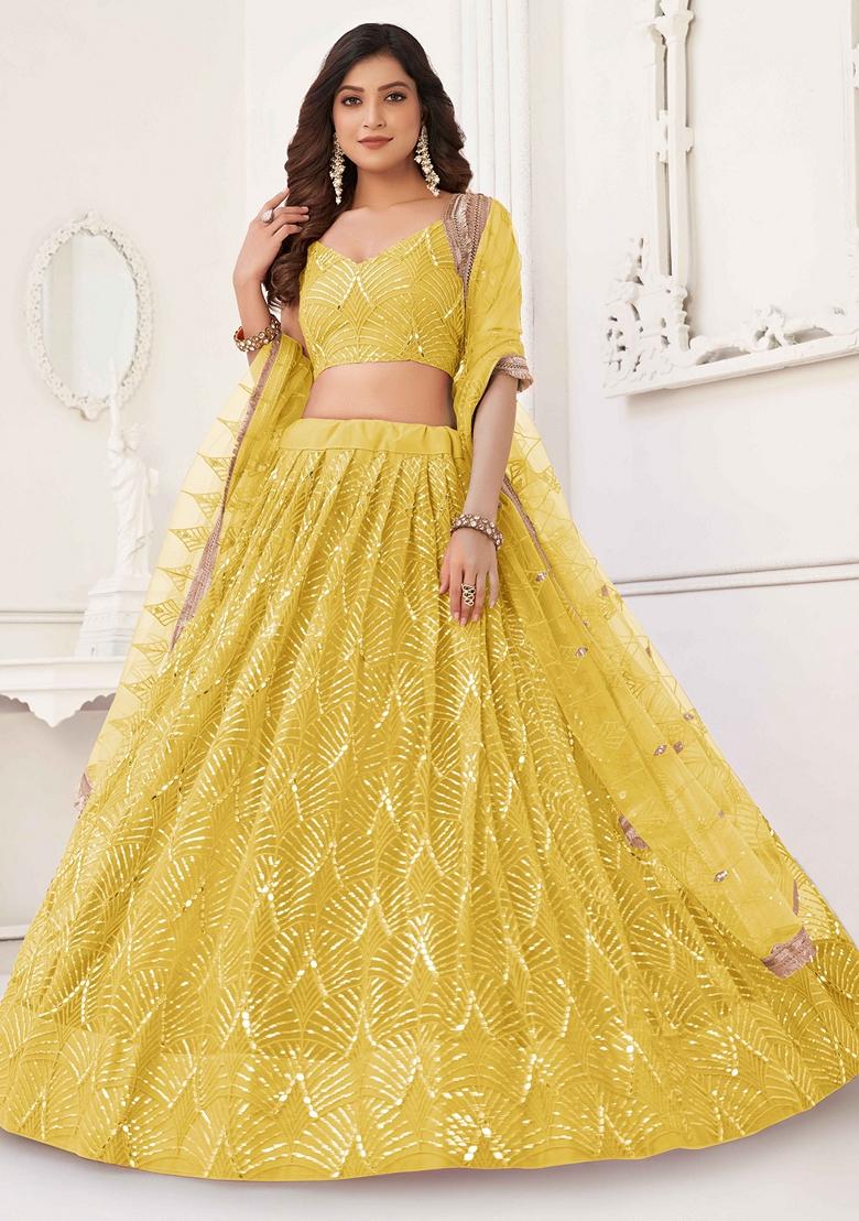 Yellow Thread Sequin Embroidered Net Lehenga Set