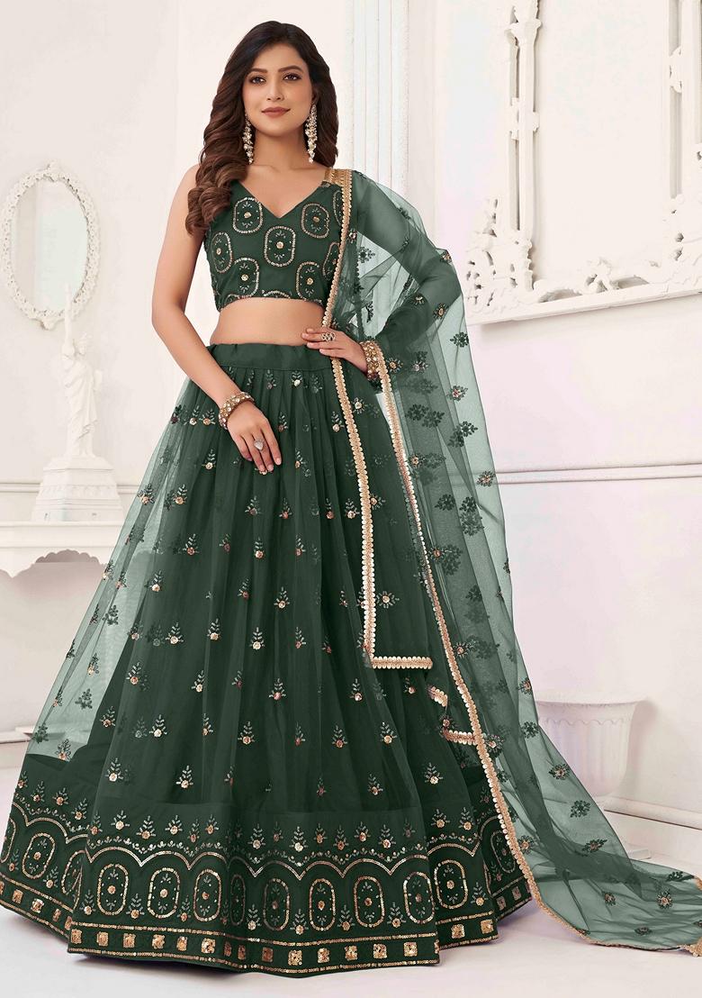 Dark Green Sequin Thread Embroidered Net Lehenga Set