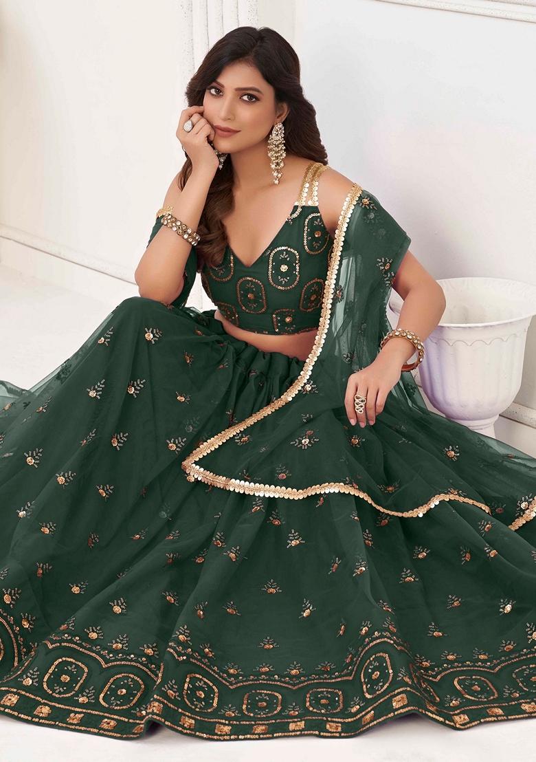 Dark Green Sequin Thread Embroidered Net Lehenga Set