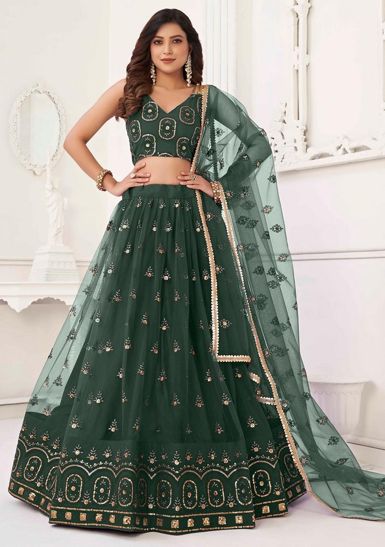 Dark Green Sequin Thread Embroidered Net Lehenga Set