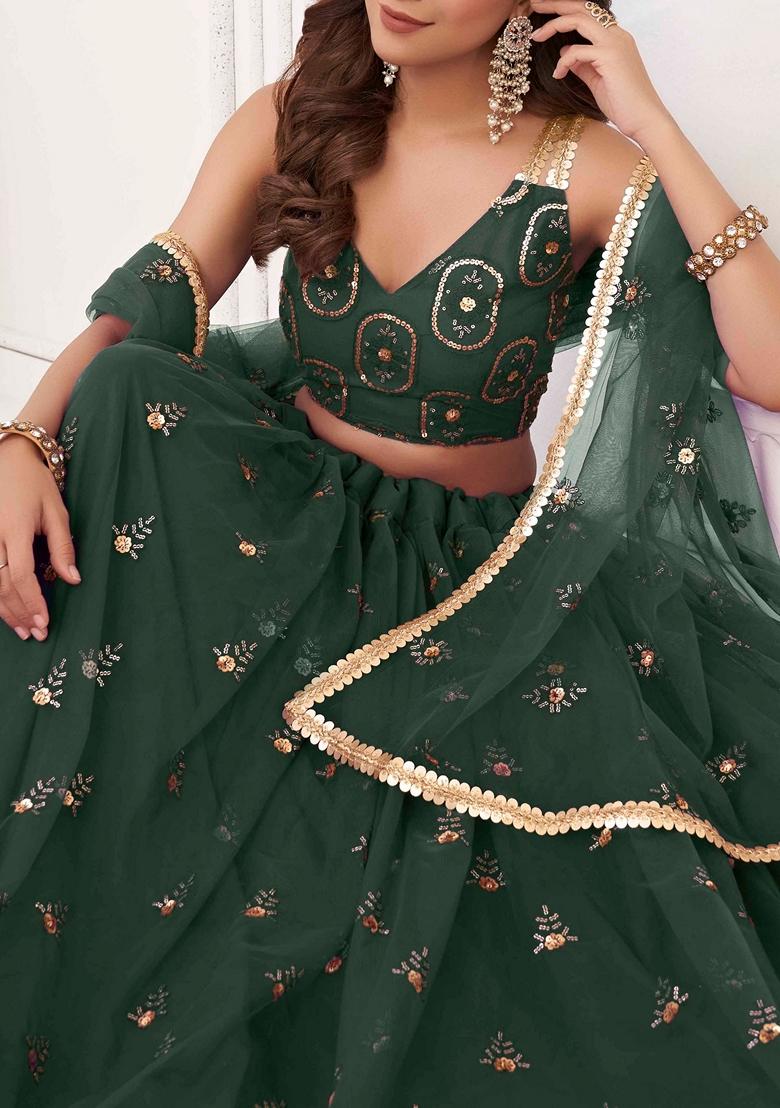 Dark Green Sequin Thread Embroidered Net Lehenga Set