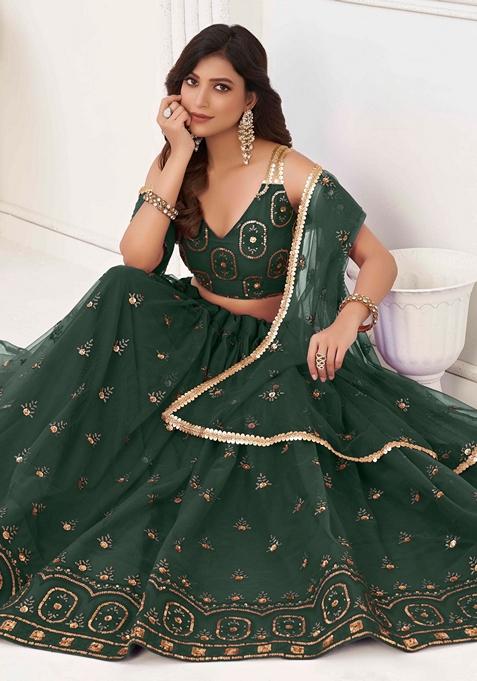 Dark Green Sequin Thread Embroidered Net Lehenga Set