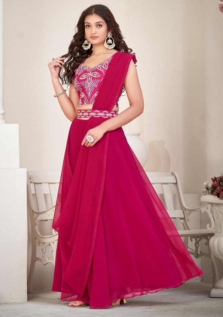 Pink Thread Embroidered Georgette Lehenga Set