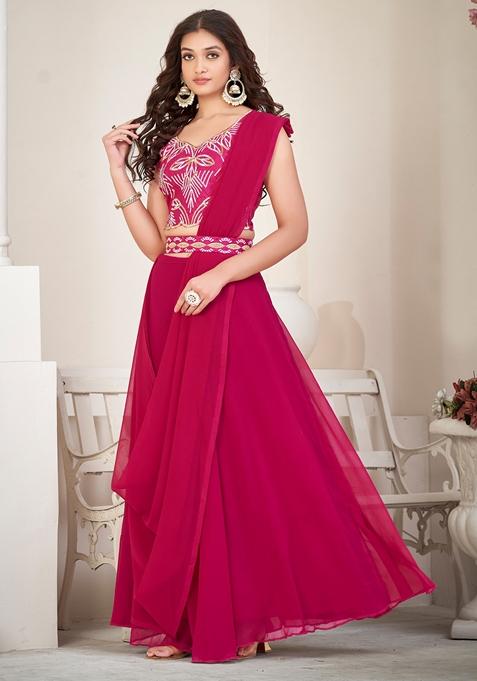 Pink Thread Embroidered Georgette Lehenga Set