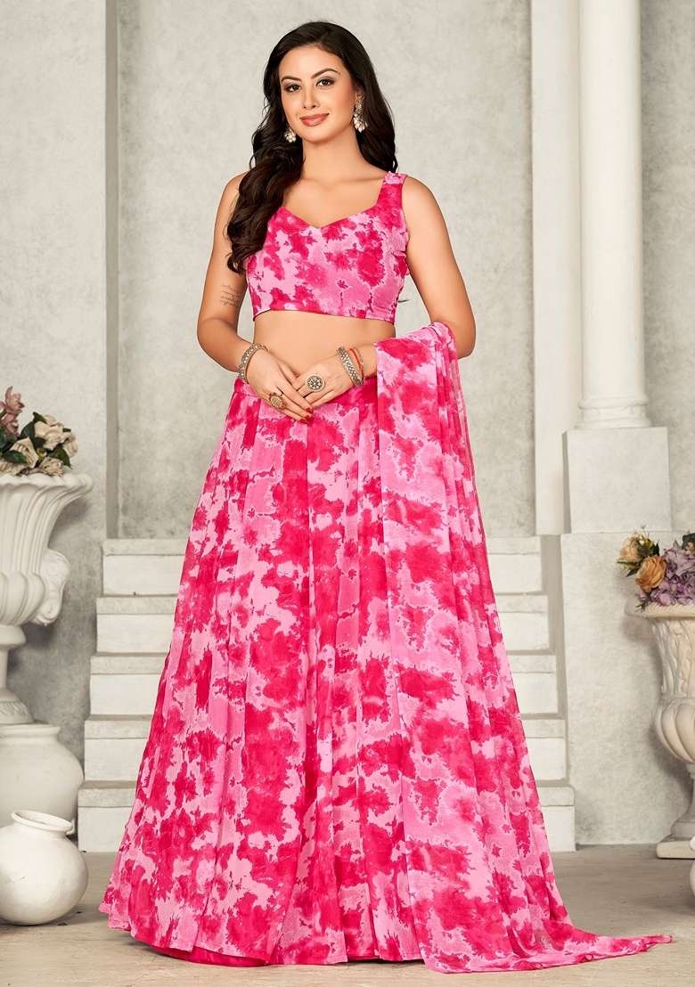 Pink Printed Georgette Lehenga Set - Indya
