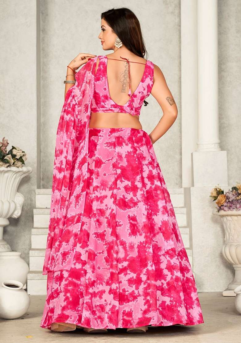 Pink Printed Georgette Lehenga Set - Indya